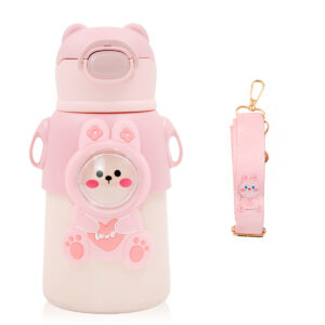 Garrafinha C/ Canudo Squeeze Infantil Garrafa Bebe Térmica Alça Cor:Rosa