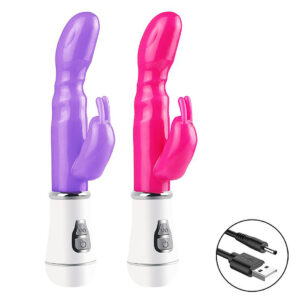 Vibrador Duplo Coelhinho Ponto G Clitóris Recarregável USB 16cm Cor:Roxo