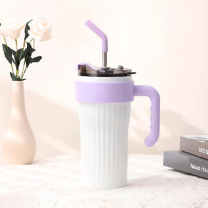 Copo Caneca Térmico com Tampa Canudo Alça Inox Cor:Branco